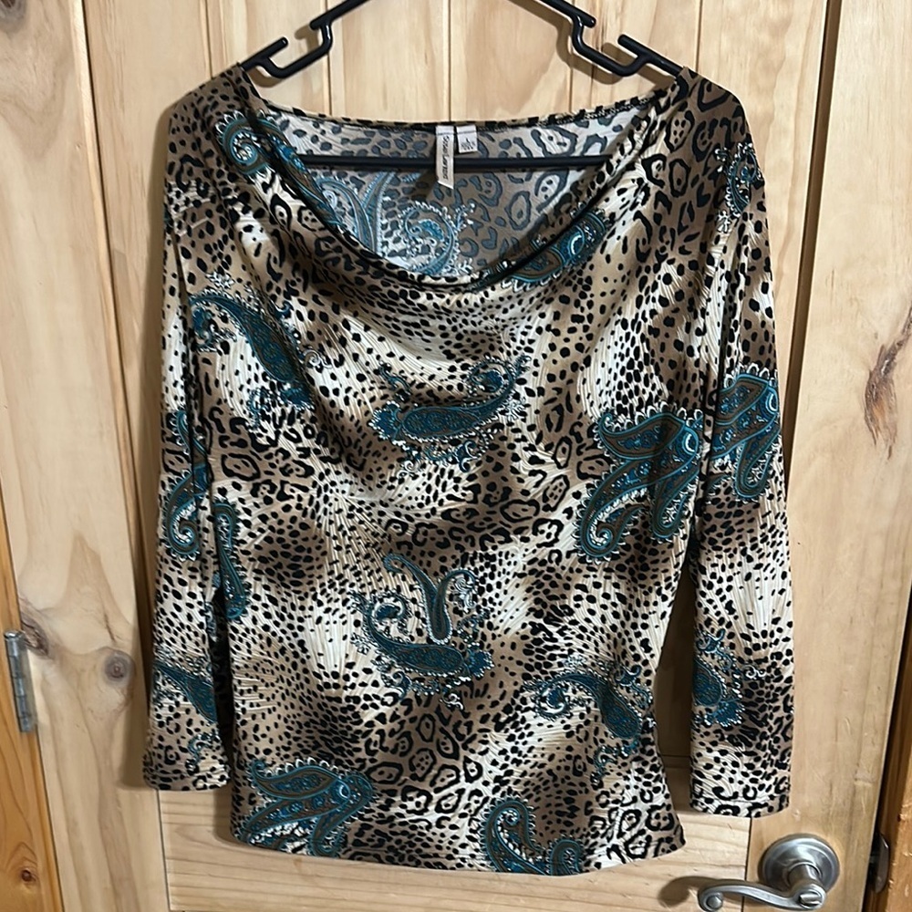Susan Lawrence Blue and Black Fitted 3/4 Sleeve Blouse